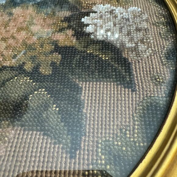 Vintage Handmade 1950s Beaded Floral Needlepoint Round Framed Set of 2 - Picture 3 of 4